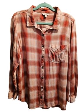 Maurices Orange and Cream Plaid Relaxed Button-Up Shirt, 1X